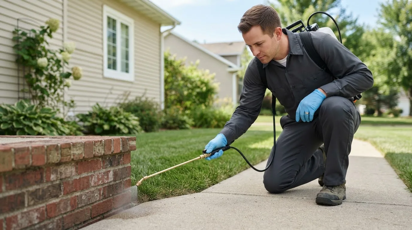 Pest control technician treating a home near Lexington, OR