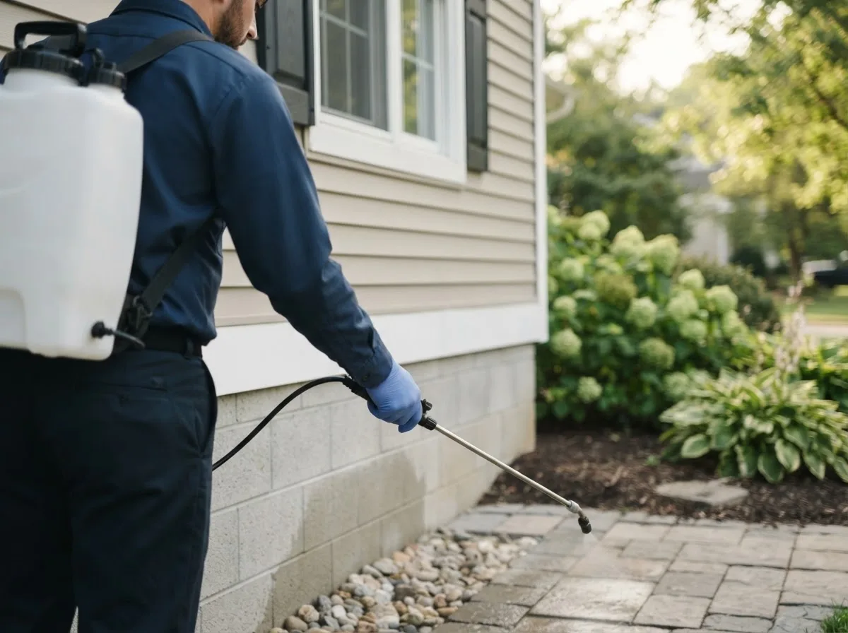 Pest control technician inspecting a home in Lexington, OR